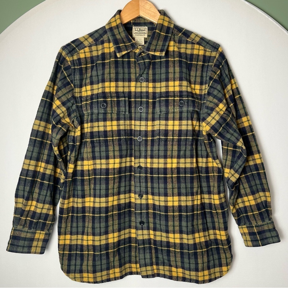L.L Bean Men’s Plaid Flannel Button Down Shirt Yellow Green Gorpcore Medium Reg